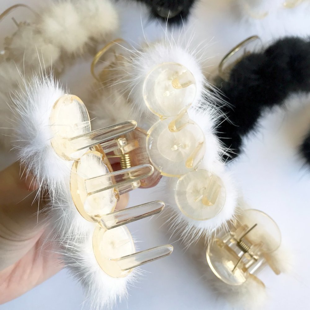 Small Mink Pom Pom Hair Clip Hair Jaw Claw • Black Tan or White • Genuine Fur - Picture 9 of 16